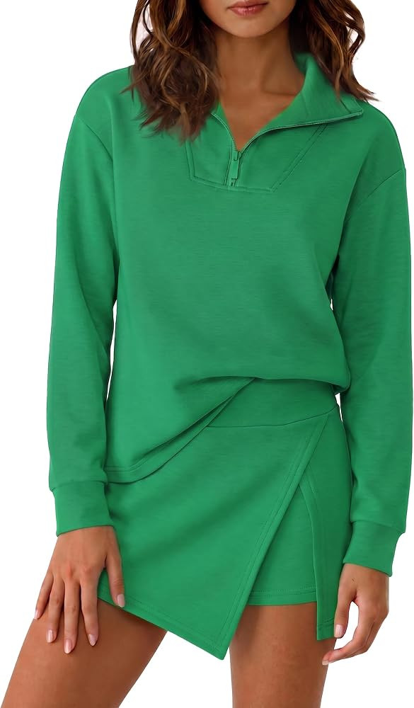 Fisoew Womens 2 Piece Skirt Sets Half Zip Sweatshirt Athletic Skorts | Amazon (US)
