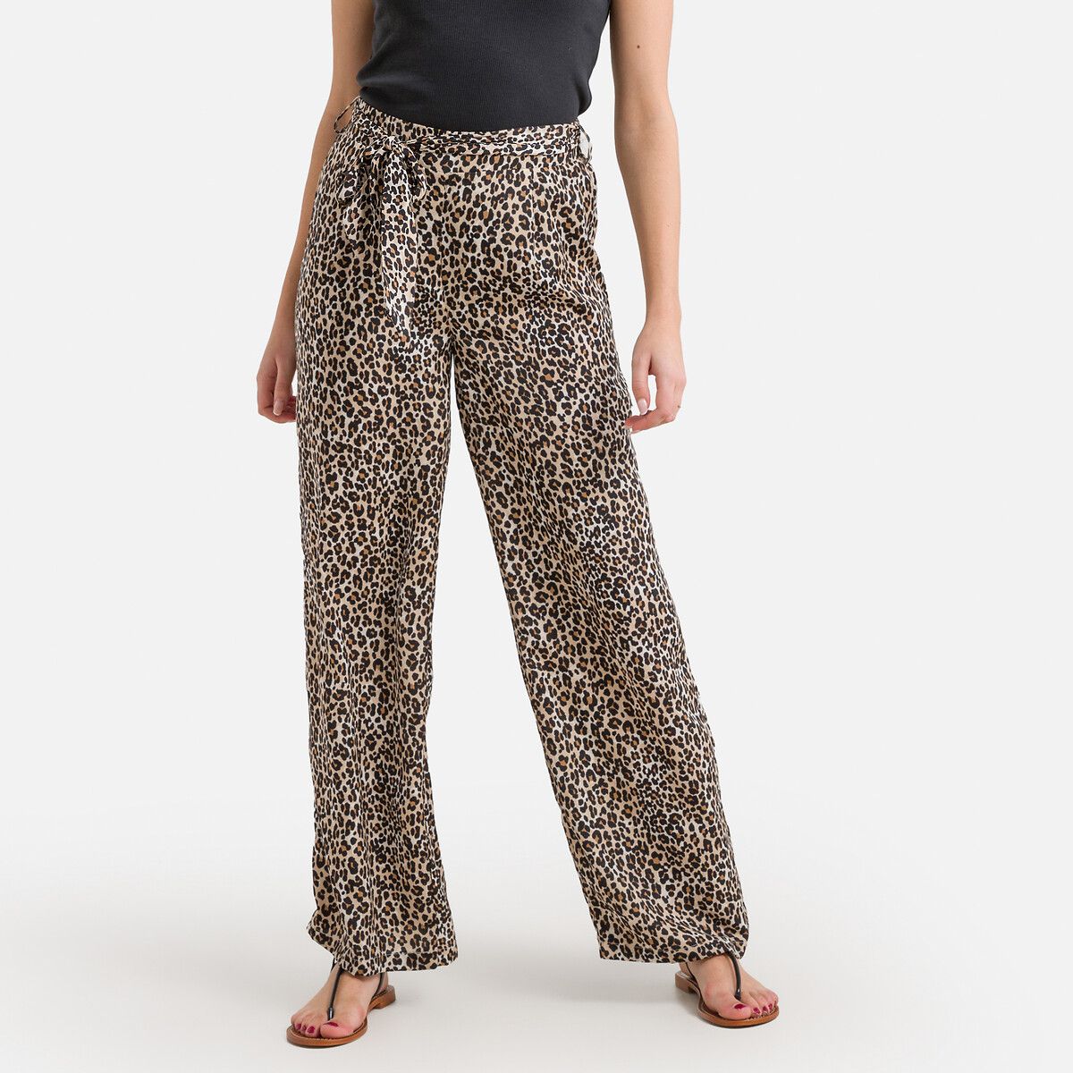 Wide Leg Trousers in Leopard Print with Tie-Waist | La Redoute (UK)