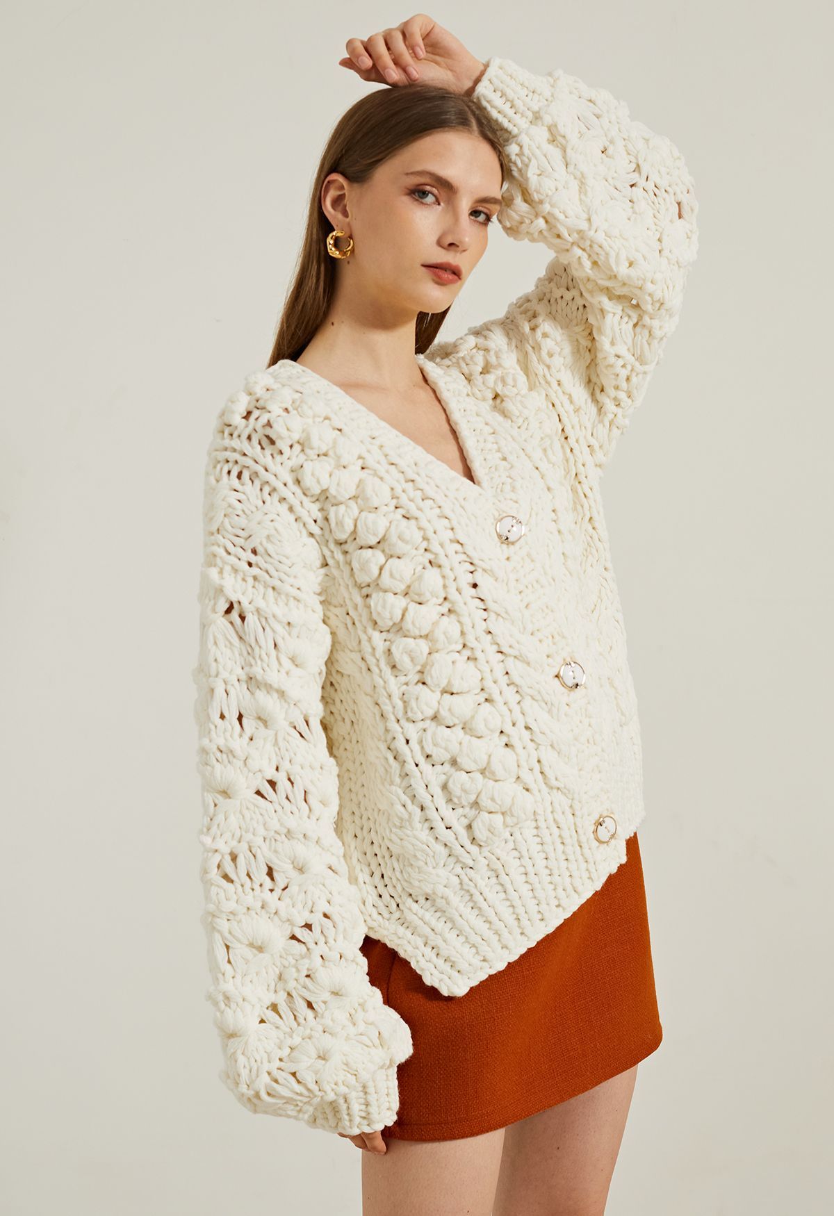 Button Up Pointelle Sleeve Pom-Pom Knit Cardigan in Ivory | Chicwish