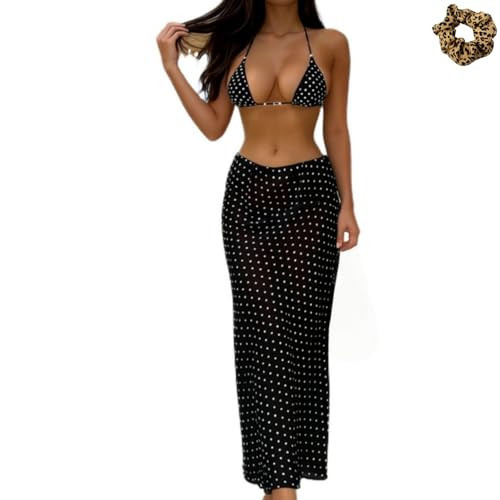 Women's 3 Piece Polka Dot Bikini Set Sexy Halter Bandeau Triangle Swimsuit Bottom Maxi Skirt Summer Beach Vacation Pool Party (Small,Polka dot) | Amazon (US)