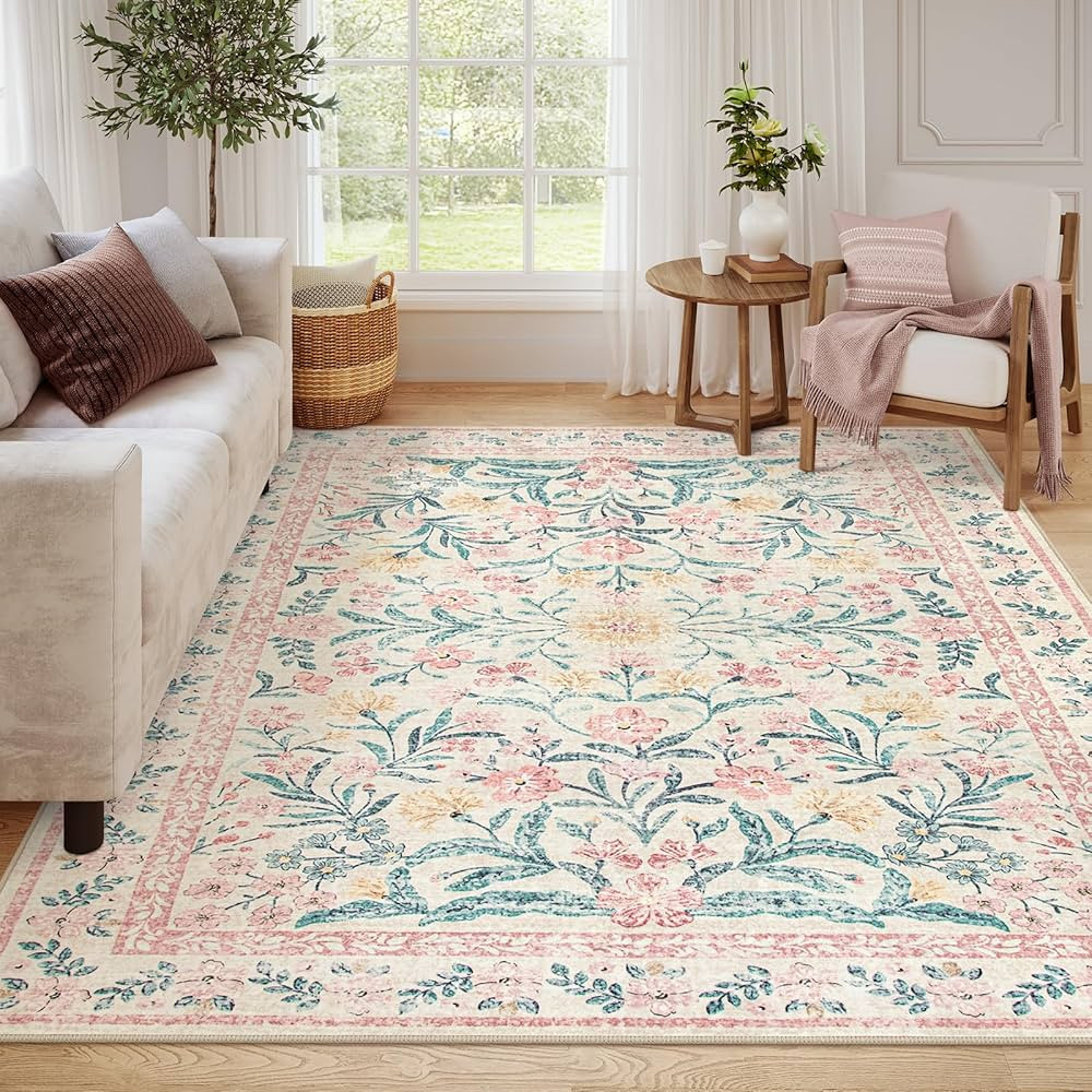 Wonnitar 8 x 10 Area Rugs for Living Room, Boho Large Washable Bedroom Rug 8x10, Soft Pink Floral... | Amazon (US)