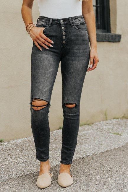 NYC High Rise Button Fly Washed Black Ankle Skinny Jeans | Magnolia Boutique