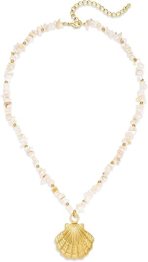 Boho Shell Pendant Necklace for Women Gold Seashell Pendant with Iridescent Shell Beads Summer Be... | Amazon (US)