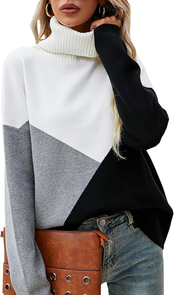 ECOWISH Women Fall Pullover Sweater Turtleneck Plaid Long Sleeve Loose Casual Chunky Checked Knit... | Amazon (US)