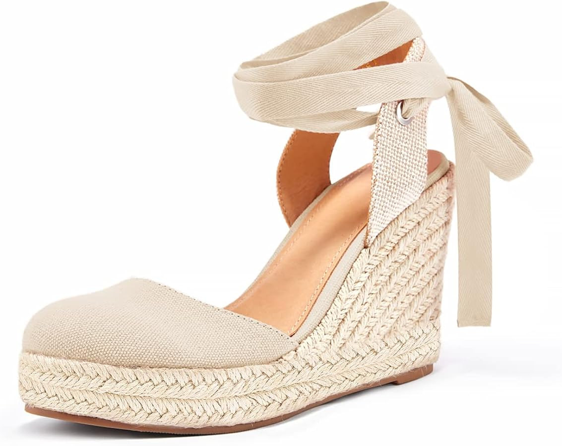FISACE Womens Summer Espadrille Heel Platform Wedge Sandals Ankle Buckle Strap Closed Toe Shoes | Amazon (US)