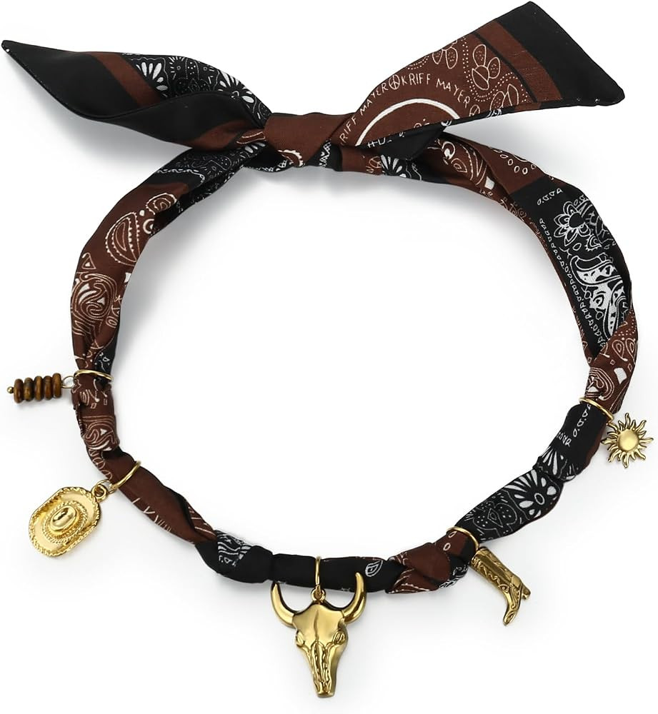 Scarf Necklace with Charm, Bandana Necklace with Gold Dainty Pendants - Chunky Cross, Heart, Flow... | Amazon (US)