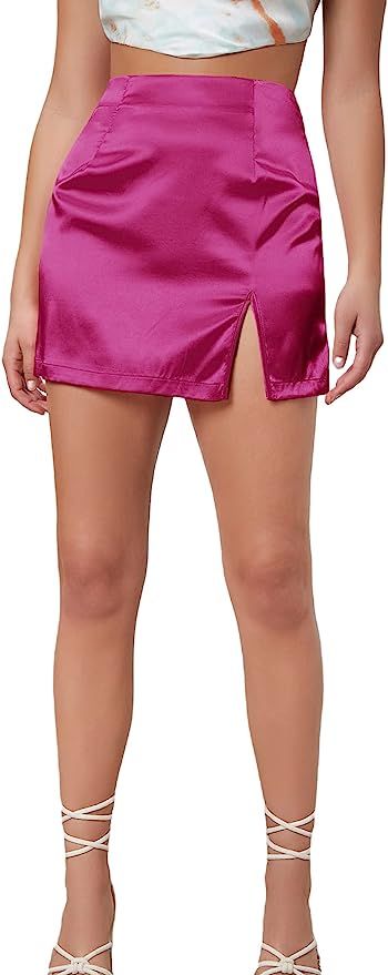 MakeMeChic Women's Satin Silk High Waist Split Hem Zipper Mini Short Skirt | Amazon (US)