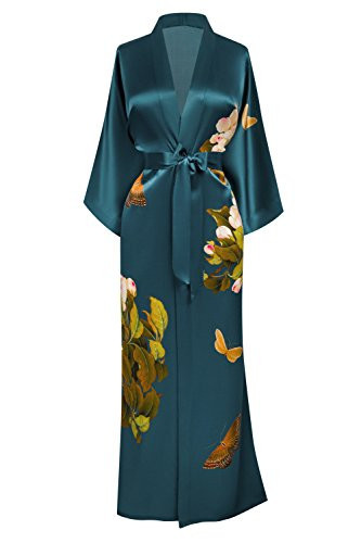 KIM + ONO Women's Washable Silk Kimono Robe Long - Floral Print, Peony & Butterfly- Vintage Teal | Amazon (US)