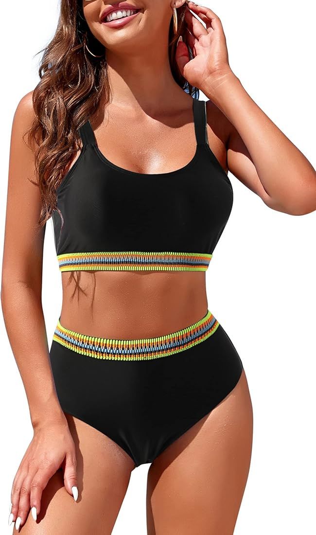 Womens High Waisted Bikini Sets Sporty Crop Top Color Block Swimwear Bandeau Scoop Neck Vintage T... | Amazon (US)