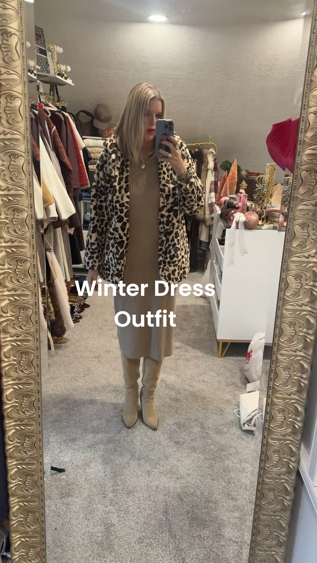 Winter Dress outfit 
Amazon finds 

Amazon find sweater dress, comfortable, stretchy, tts I am in a med, comes in several colors 

Amazon find faux leopard jacket 
Fits tts I am in a med for the arm length otherwise roomy and has pockets 

Julie Vos jewelry 

Dolce vita pointed toe tall suede boots  tts 


#LTKSaleAlert #LTKOver40 #LTKFindsUnder50