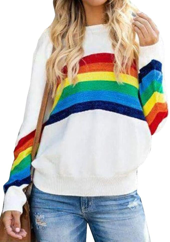 Ferrtye Womens Oversized Rainbow Pullover Sweaters Cute Lightweight Long Sleeve Crew Neck Loose K... | Amazon (US)