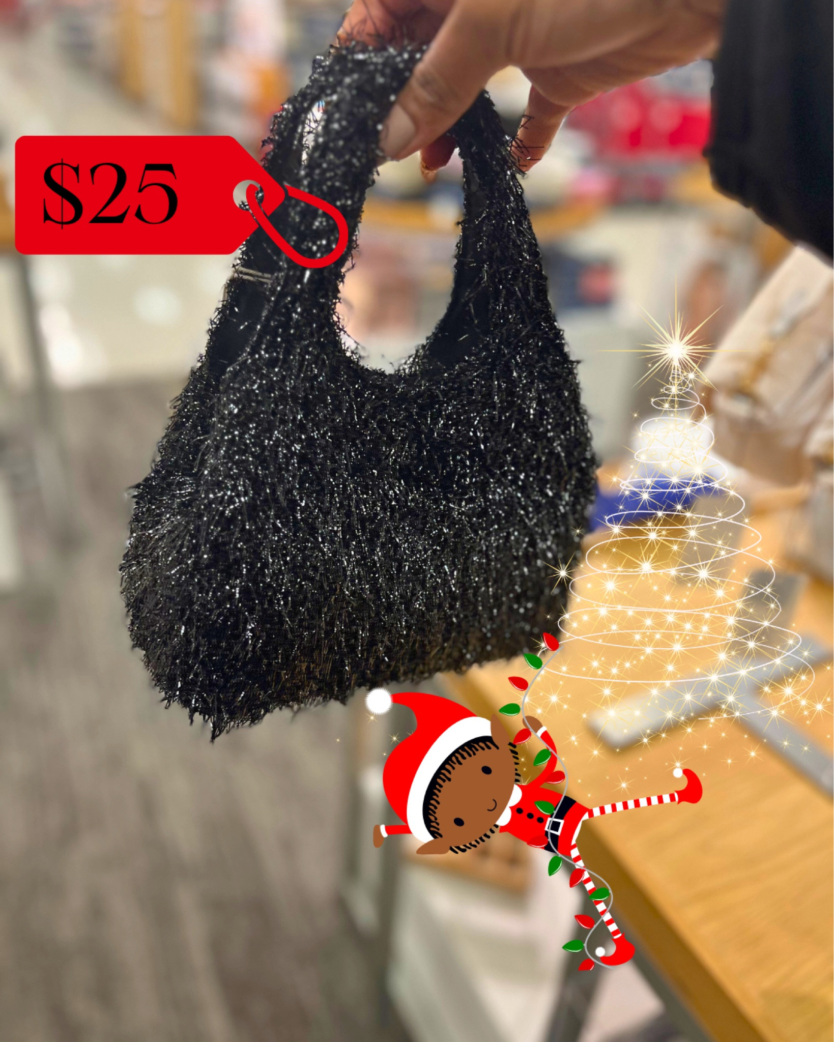 Cute black tinsel bag. Perfect for an evening out! 

#LTKfindsunder50 #LTKGiftGuide #LTKitbag