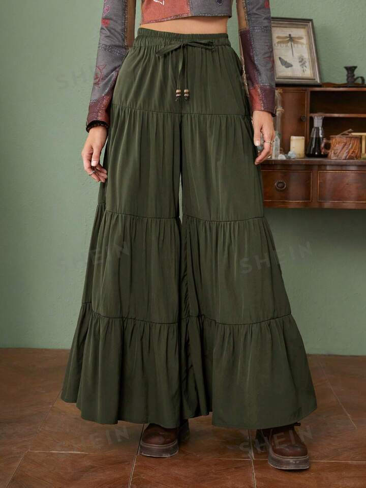 ROMWE Fairycore Solid Ruffle Hem Wide Leg Pants | SHEIN