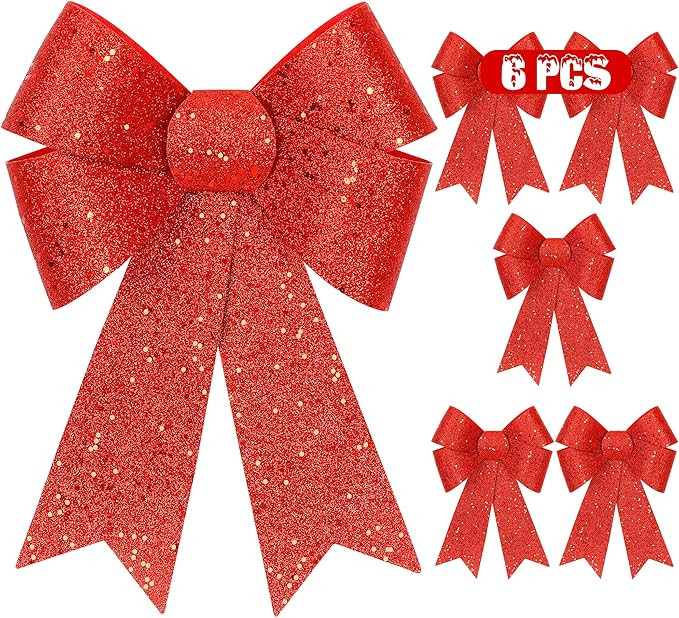 6 PCS Christmas Bows, 9 x 12 IN Large Christmas Tree Bows, PVC Glitter Red Bows Christmas Decorat... | Amazon (US)