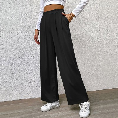Women's Ribbed Wide Leg Pants Casual Elastic Waist Lounge Pants with Side Pockets Black S | Target