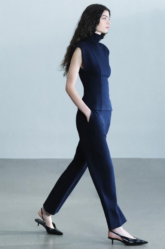 Zara - Interlock Trousers With Pleats - Dark Navy - M - Woman | Zara UK