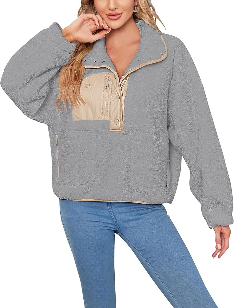 Jawmeu Women's Winter Fleece Jacket Half Button Fuzzy Pullovers Fluffy Colorblock Sweatshirt with... | Amazon (US)