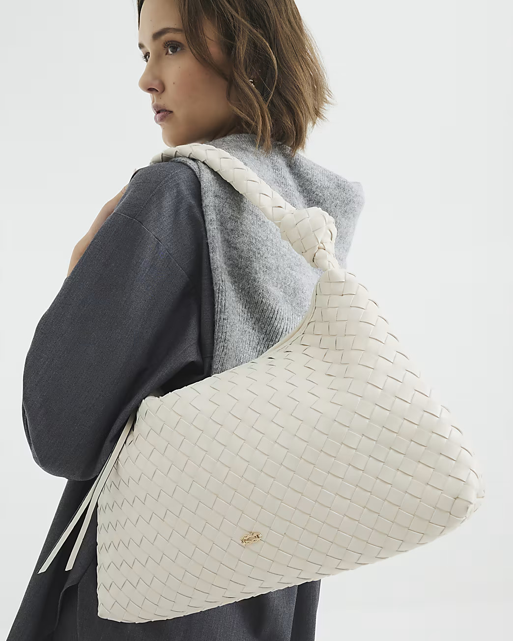 Cream Knot Handle Woven Shoulder Bag | River Island UK & IE