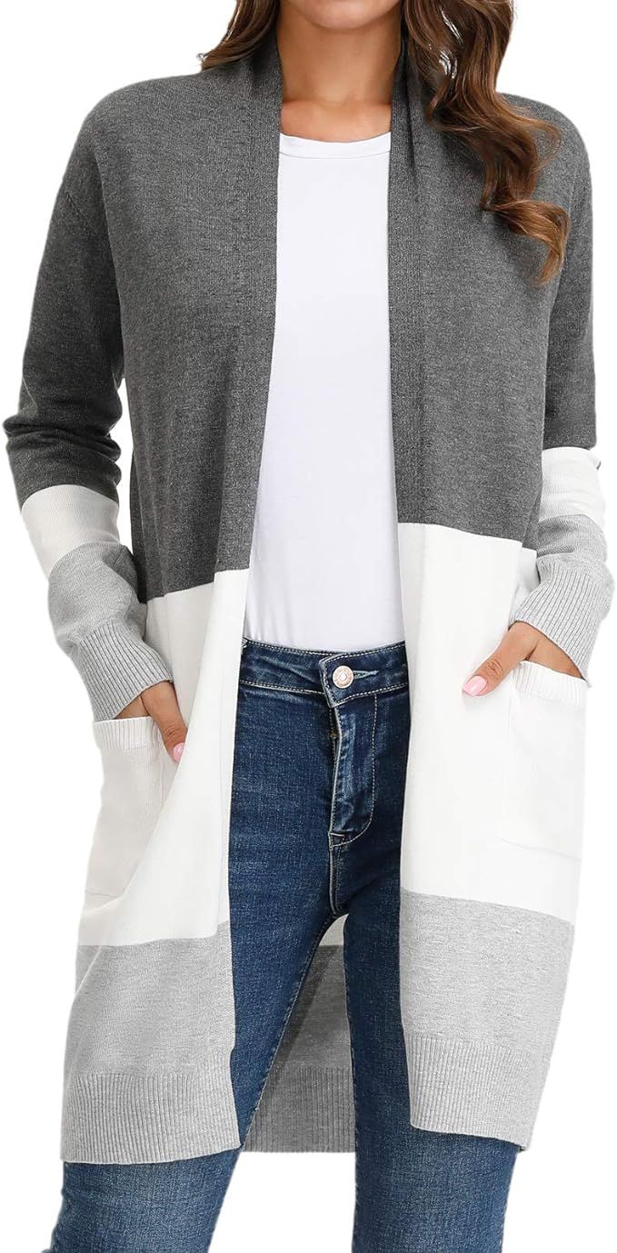 GRACE KARIN Women Striped Long Sleeve Open Cardigan Sweaters Coat with Pockets | Amazon (US)