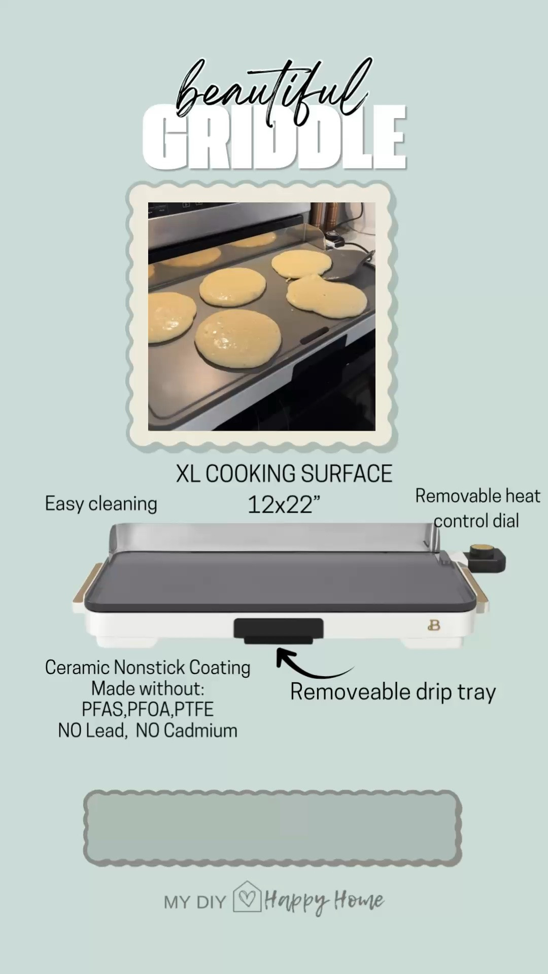 Our griddle is perfect for pancakes, sausage, and more! 
The XL surface allows you to cook lots of  items at once! 

Features: 
• XL family-sized cooking surface makes up to 15 pancakes or eggs at once to feed the entire family
• Durable, long-lasting material with soft matte premium finish
• Slim design for easy cabinet storage
• Detachable stainless steel backsplash to keep your counter clean while cooking
• Removable drip tray collects unwanted fats and oils from food
• Removable heat control with easy-to-use dial ranging from 200°F-400°F
• Cool-touch handles for convenient handling

#LTKmomlife #LTKdayinmylife #LTKHome