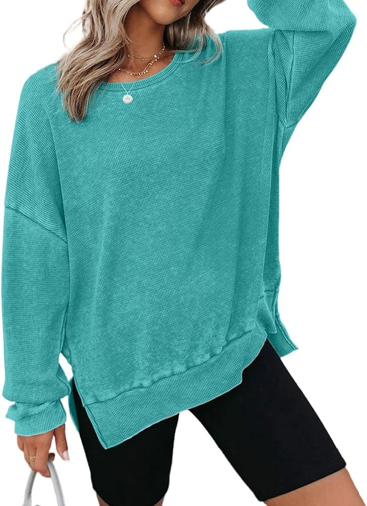 Dokotoo Womens Oversized Waffle Knit Crewneck Sweatshirts Long Sleeve Side Slits Casual Pullover ... | Amazon (US)