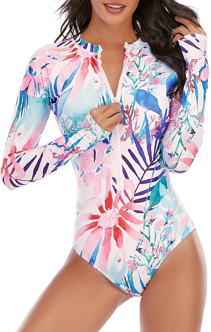 Zando Long Sleeve Swimsuit Women UPF 50+ One Piece for Womens Zip Floral Athletic Swim Wear Bathi... | Amazon (US)