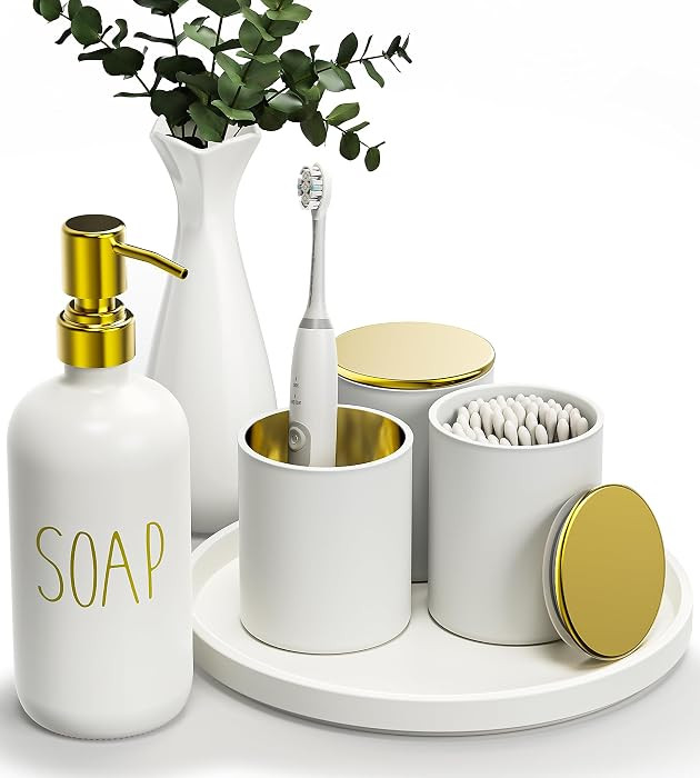 6Pcs White Bathroom Accessories Set with Tray, Housewarming Gift Bathroom Accessory Sets, New Hom... | Amazon (US)
