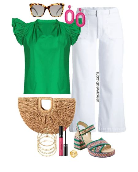Plus Size Green Frill Top Outfits 2 - A colorful plus size outfit for spring and summer. A plus size green frill top and hot pink statement earrings with white wide leg ankle jeans and platform sandals. Alexa Webb

#LTKSeasonal #LTKplussize #LTKstyletip