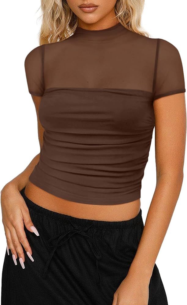 REORIA Women’s Sexy Sheer Mesh Ruched Mock Turtleneck Short Sleeve Going Out Shirts Crop Tops | Amazon (US)