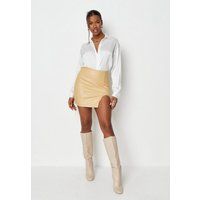 Beige Curved Side Split Faux Leather Mini Skirt | Missguided (US & CA)