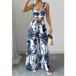 Tropical Sun Face Tie-Shoulder Cami Top and Palazzo Pants Set for Weekend Outings & Rooftop Gathe... | Chicwish