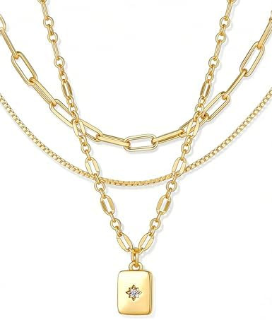 YEEZII Layered Gold Necklaces for Women Trendy, 3 Pcs 14K Gold Plated Choker Paperclip Box Chain ... | Amazon (US)