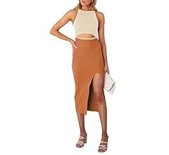 Pink Queen Women's Summer Cutout Midi Dress Crew Neck Sleeveless Tank Slit Ribbed Bodycon Dresses | Amazon (US)
