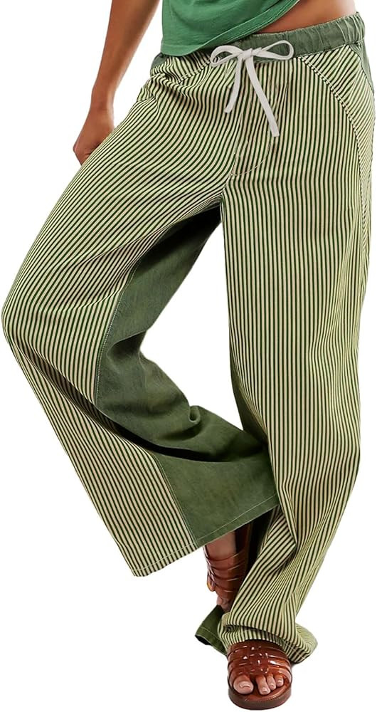 Low Rise Striped Pants for Women Pull On Drawstring Boho Wide Leg Jeans Trendy 2025 | Amazon (US)