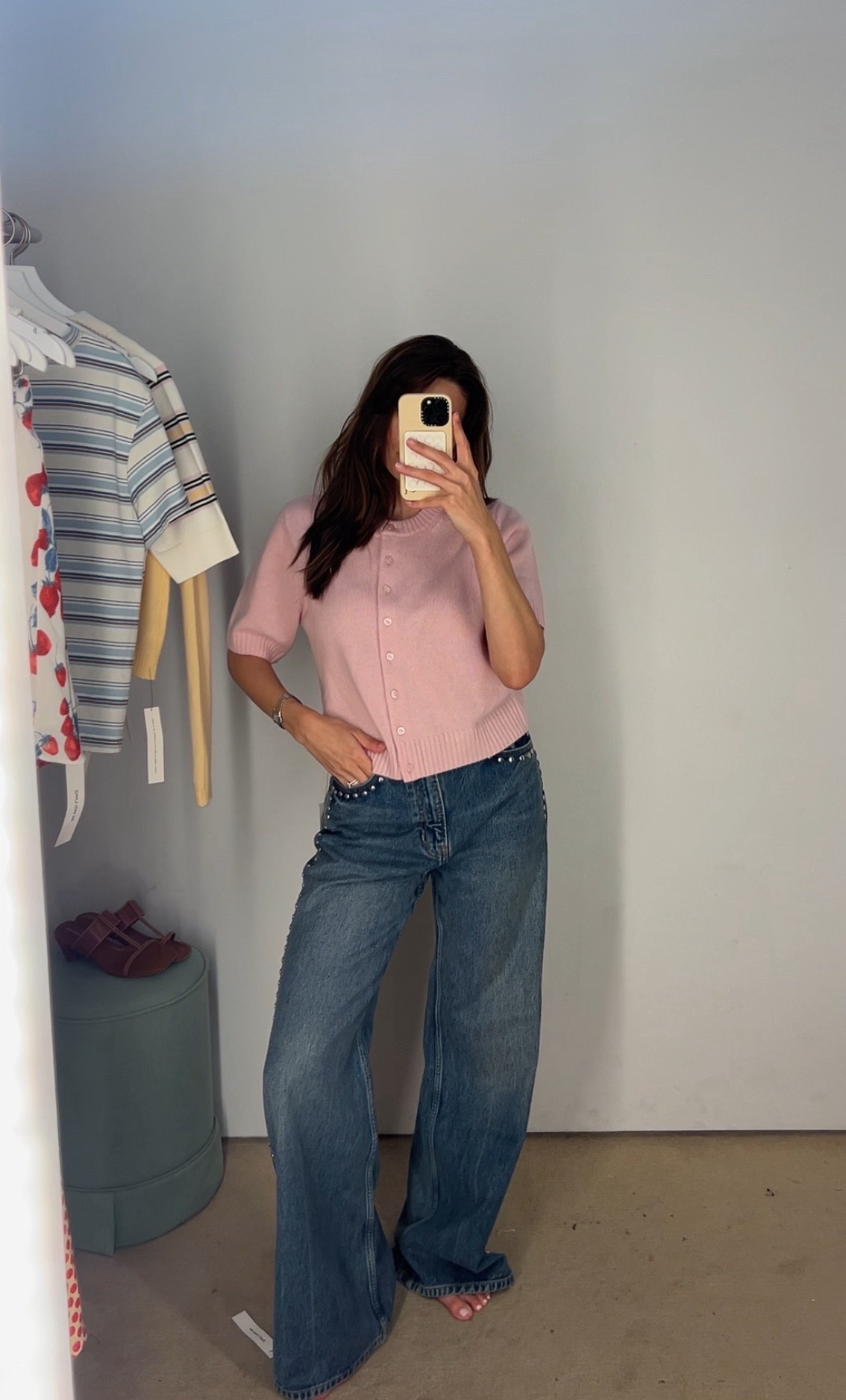 Love the color of this sweater and the jeans are worth the those. Wearing a M and a 26 from Reformationn 