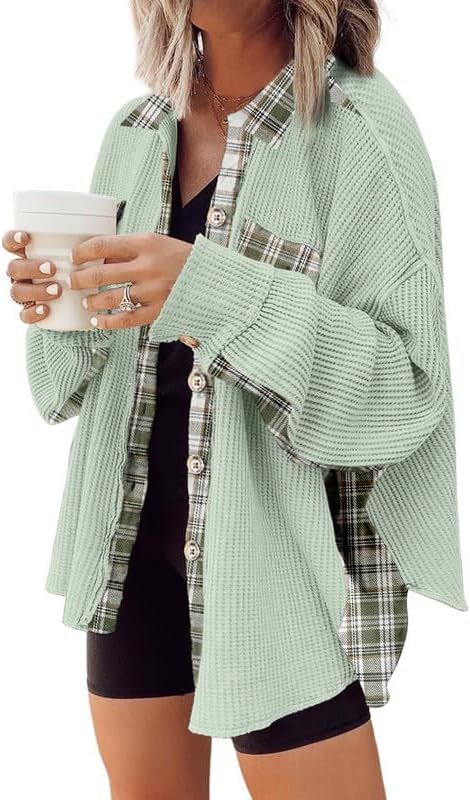 SHEWIN Womens Waffle Knit Plaid Shacket Boyfriend Button Down Shirt Jacket Loose Long Sleeve Tops | Amazon (US)