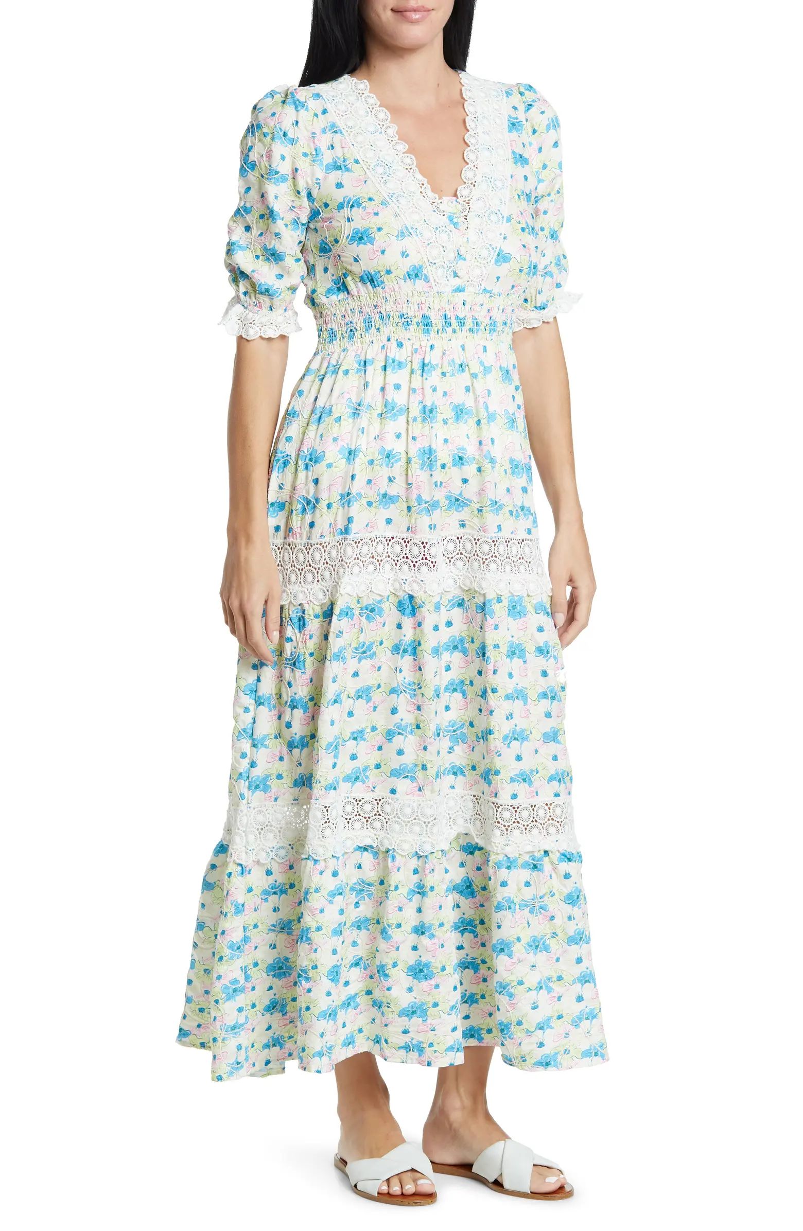 MELLODAY Floral Elbow Sleeve Tiered Maxi Dress | Nordstromrack | Nordstrom Rack