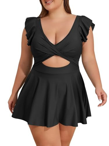 B2prity Women's Plus Size Swimsuit Tummy Control One Piece Swimdress Ruffle V Neck Cutout Wrap Bathing Suit with Skirt Black | Amazon (US)