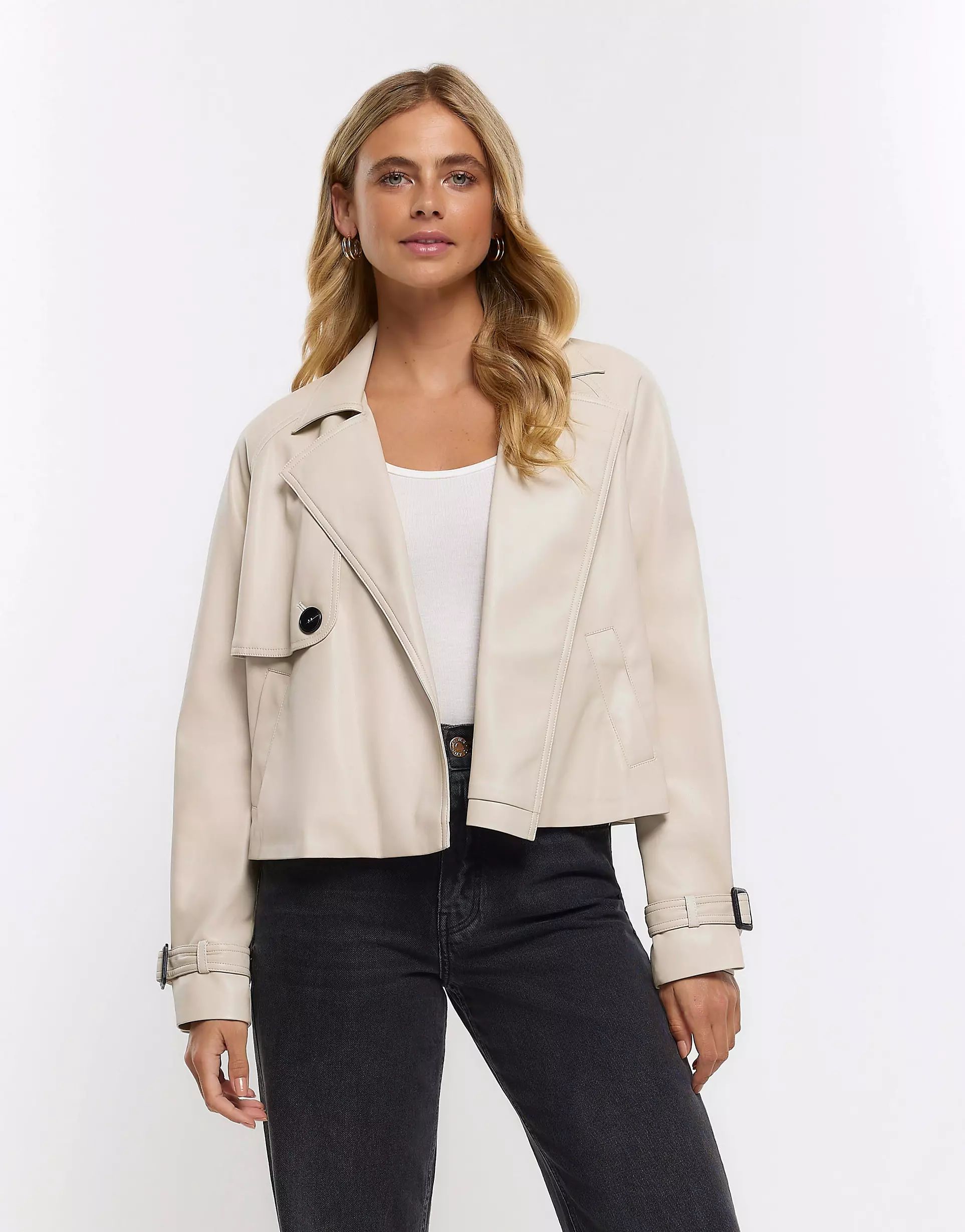 River Island Faux leather crop trench coat in cream | ASOS (Global)
