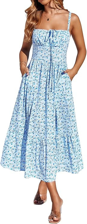 Women's Casual Beach Vacation Dress with Pockets Flowy Aline Tiered Spaghetti Strap Lace Up Corse... | Amazon (US)