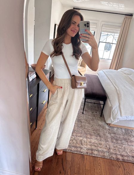 These trousers are a must have for spring Theywould be perfect for a beach vacation, too. I am wearing a size S in the pants & the tee. Both are great wardrobe staples for spring!