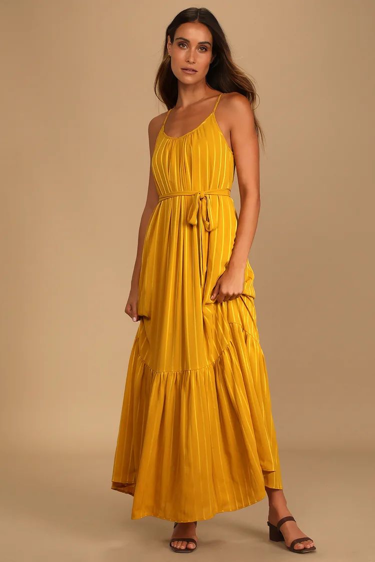 Collecting Moments Mustard Yellow Striped Tiered Maxi Dress | Lulus (US)