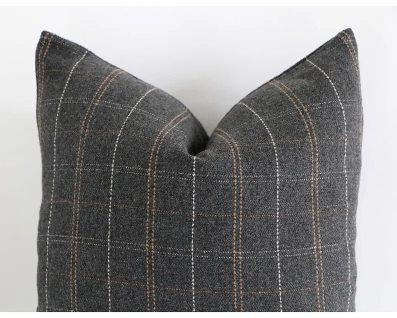 Plaid Throw Pillow, Charcoal Gray Pillow, Dark Grey Pillow, Minimalist Pillow Cover, Black and Br... | Etsy (US)