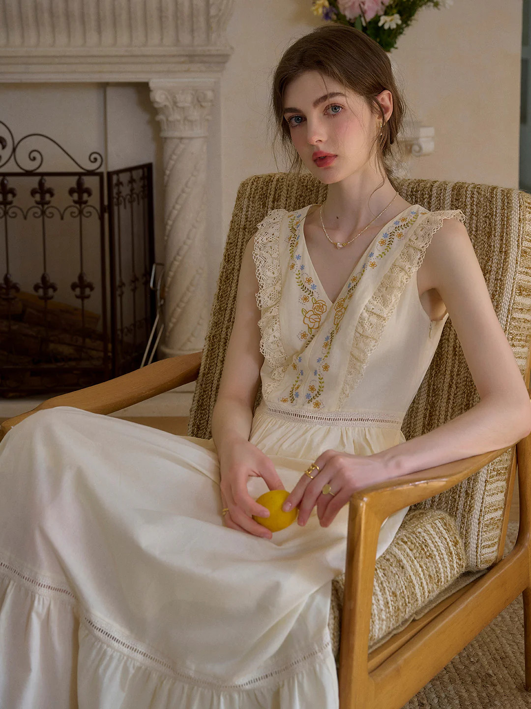 Rylee V-Neck Embroidery 100% Cotton Dress | Simple Retro