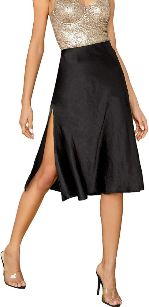 SheIn Women's Party Sexy Satin Split Side Basic Zipper Mid Waist Midi Skirt | Amazon (US)