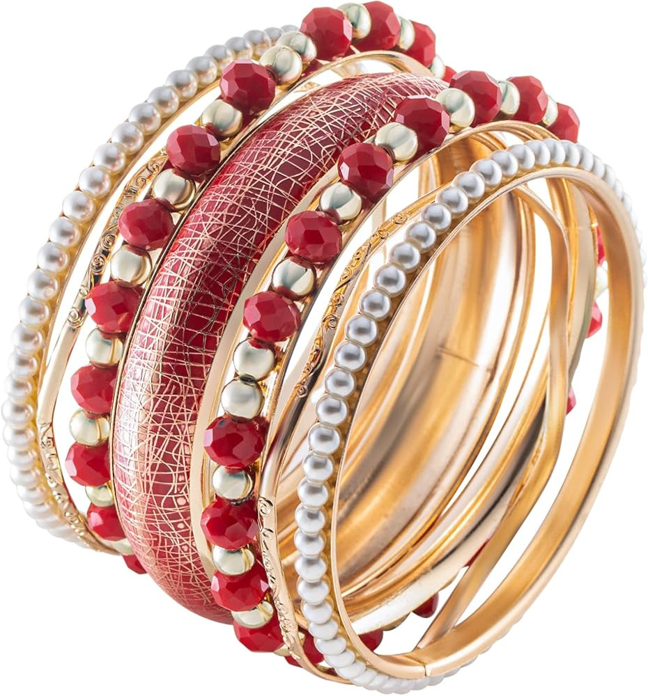 Bangles - 7PC Bangle Bracelets for Women - Gold Arm Jewelry Costume Accessories (Red) | Amazon (US)