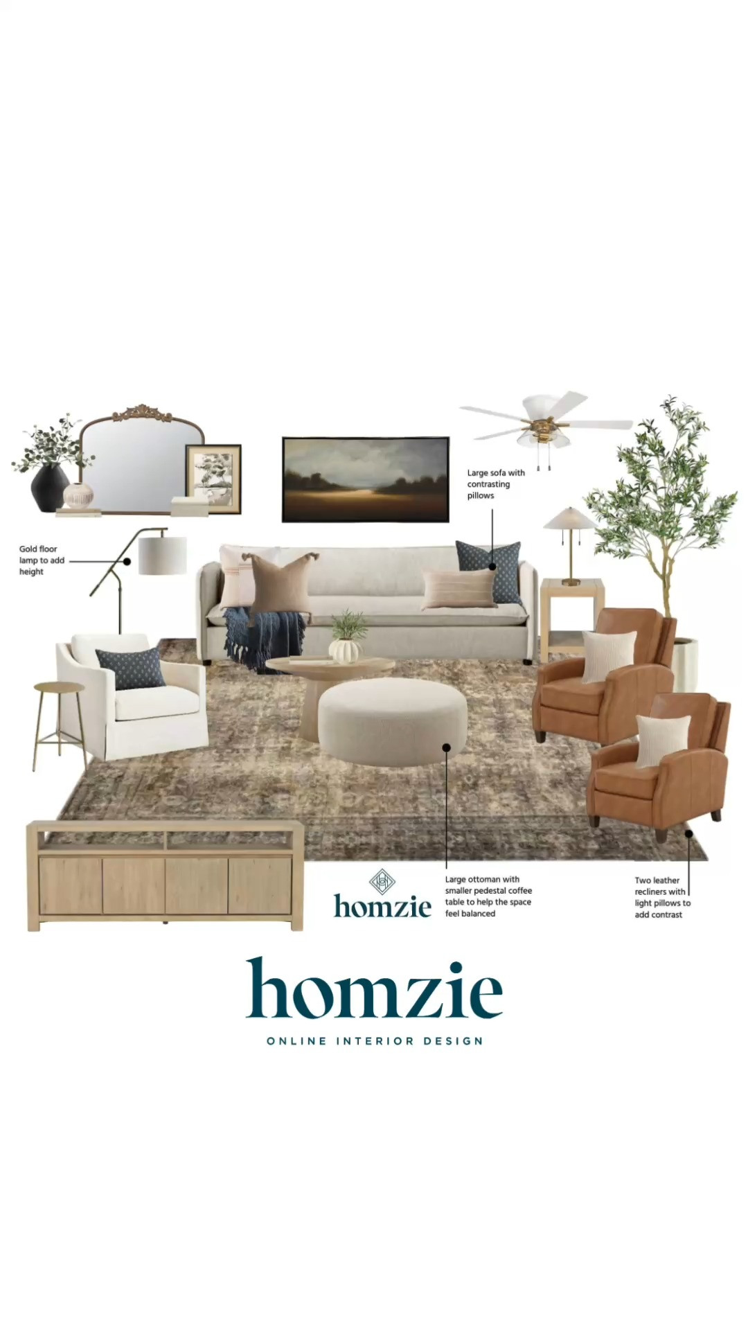 Living room design featuring leather accent chairs, sofa, floor tree, rug, wall art, ceiling fan, accent pillows, decor, etc.

#LTKHome #LTKFinds #LTKFavorites #HomeStyleDaily 

 #LTKHome