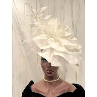 Huge White Flower Derby Church Fascinator Hat Tulle Bow Leaves, White Bridal Wedding Tea Party Hat, Giant Flower Derby Hat | Etsy (US)