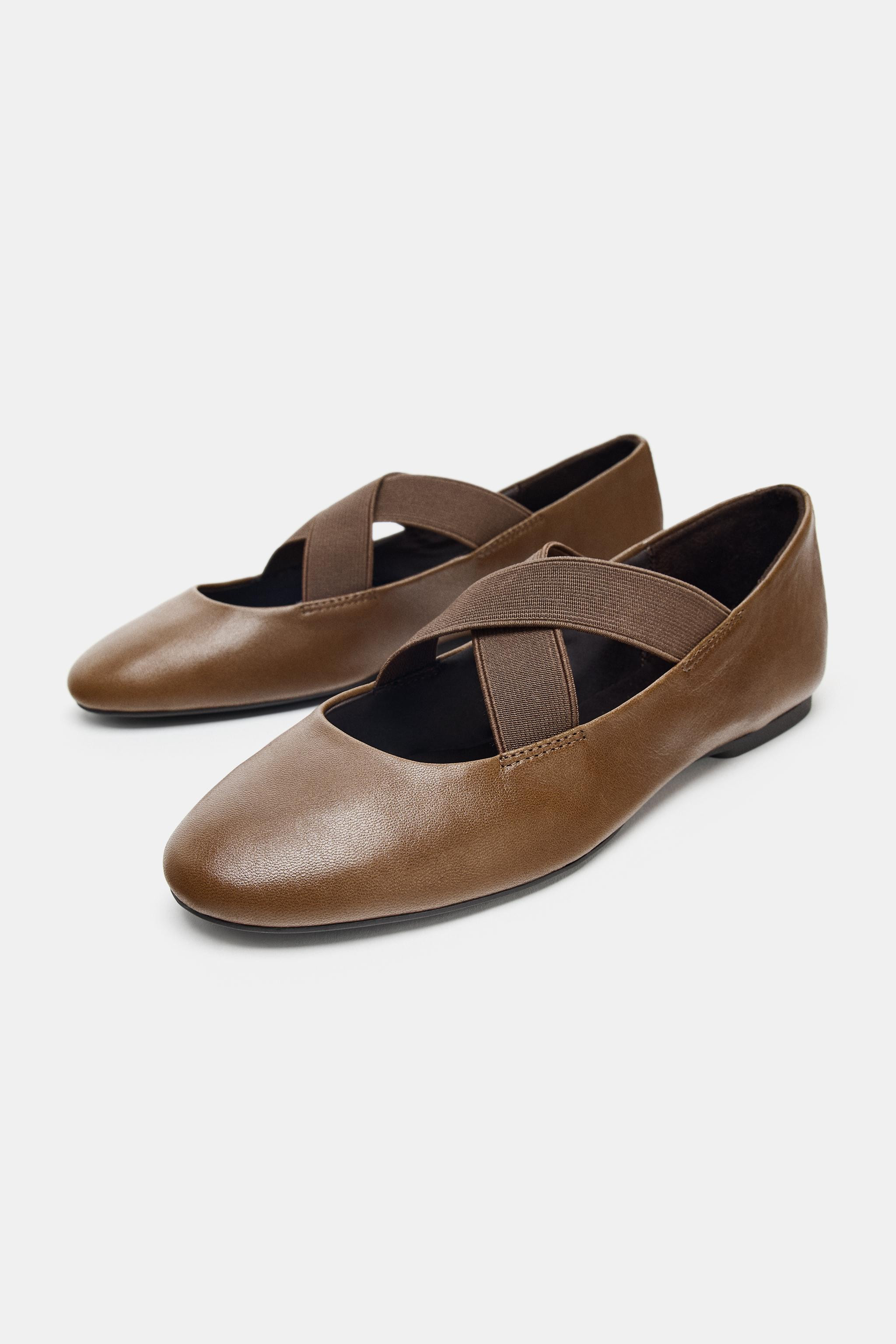 LEATHER BALLERINAS WITH ELASTICATED CROSSOVER STRAPS | Zara UK
