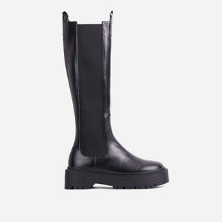 Leona Chunky Sole Knee High Long Biker Boot in Black Faux Leather | EGO Shoes (US & Canada)